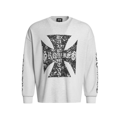 Cross Waffle Gothic Print Oversize Long Sleeve T-Shirt WN27901