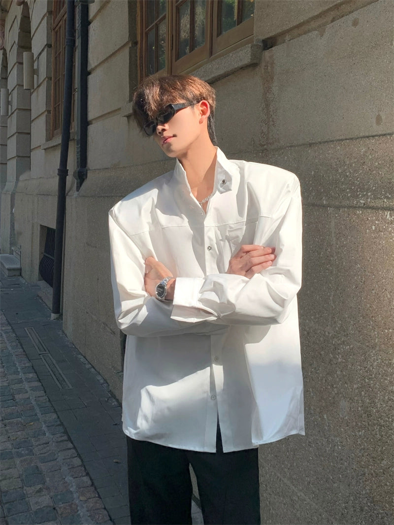 Shoulder-Pad Standing-Collar Long Sleeve Shirt WN20049