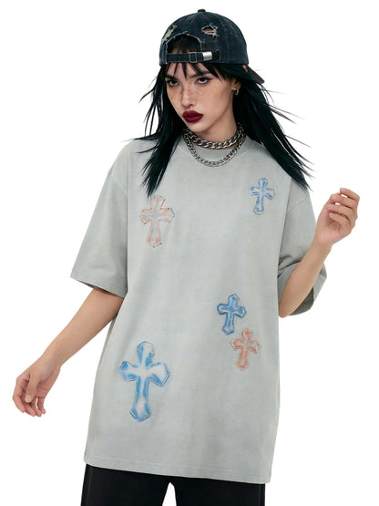 Washed Cross Applique Short Sleeve T-Shirt WN25439