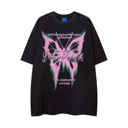 Butterfly Print Design Wash Oversize Short Sleeve T-Shirt WN5260