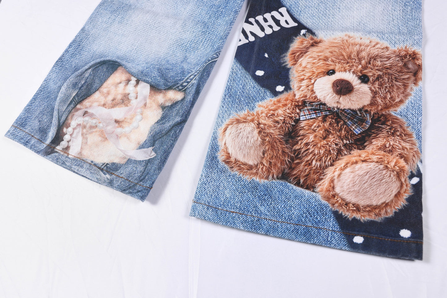 Washed 3D Character Print Wide Leg Denim Jeans WN25975