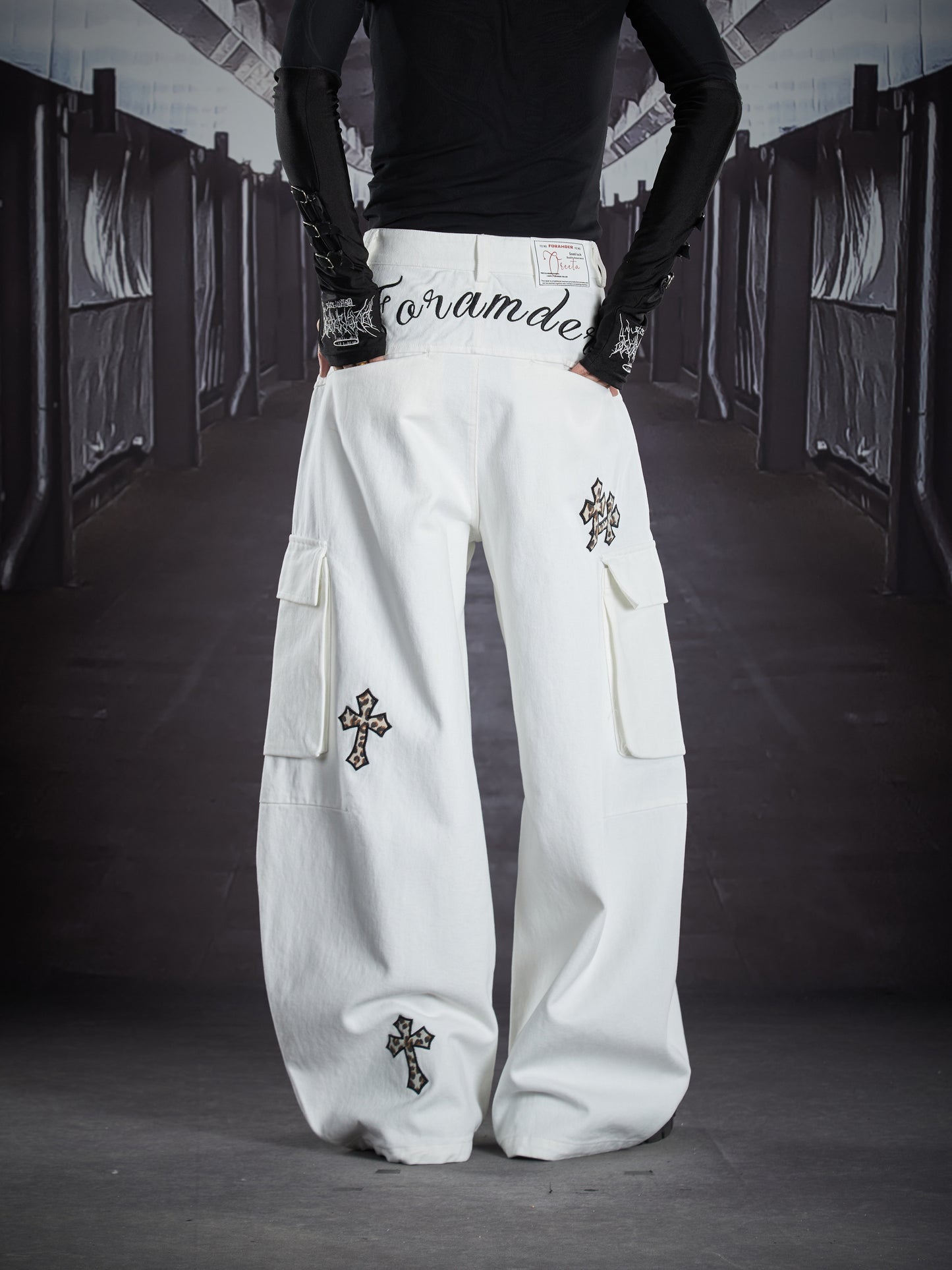 Patchwork Cross Leopard Print Embroidery Multi Pocket Cargo Pants WN22904