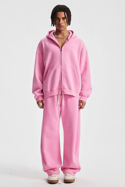 Fleece Lining Zip-Up Wax Dye Zipper Hoodie & Wide Leg Pants Sweatpants WN23112