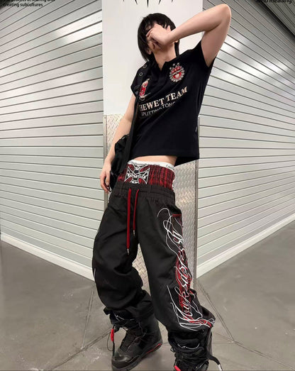 Plaid Waist Drawstring Graphic Detail Pants WN27387
