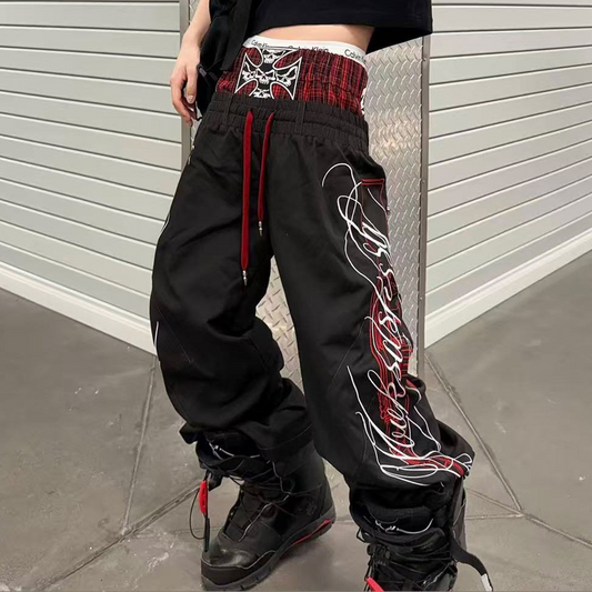 Plaid Waist Drawstring Graphic Detail Pants WN27387