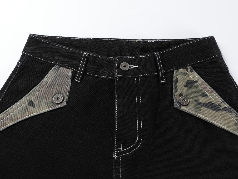 Camouflage Patchwork Letter Embroidery Rhinestone Wide Leg Denim Jeans WN27887