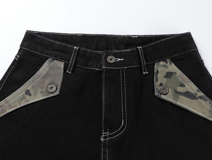 Camouflage Patchwork Letter Embroidery Rhinestone Wide Leg Denim Jeans WN27887