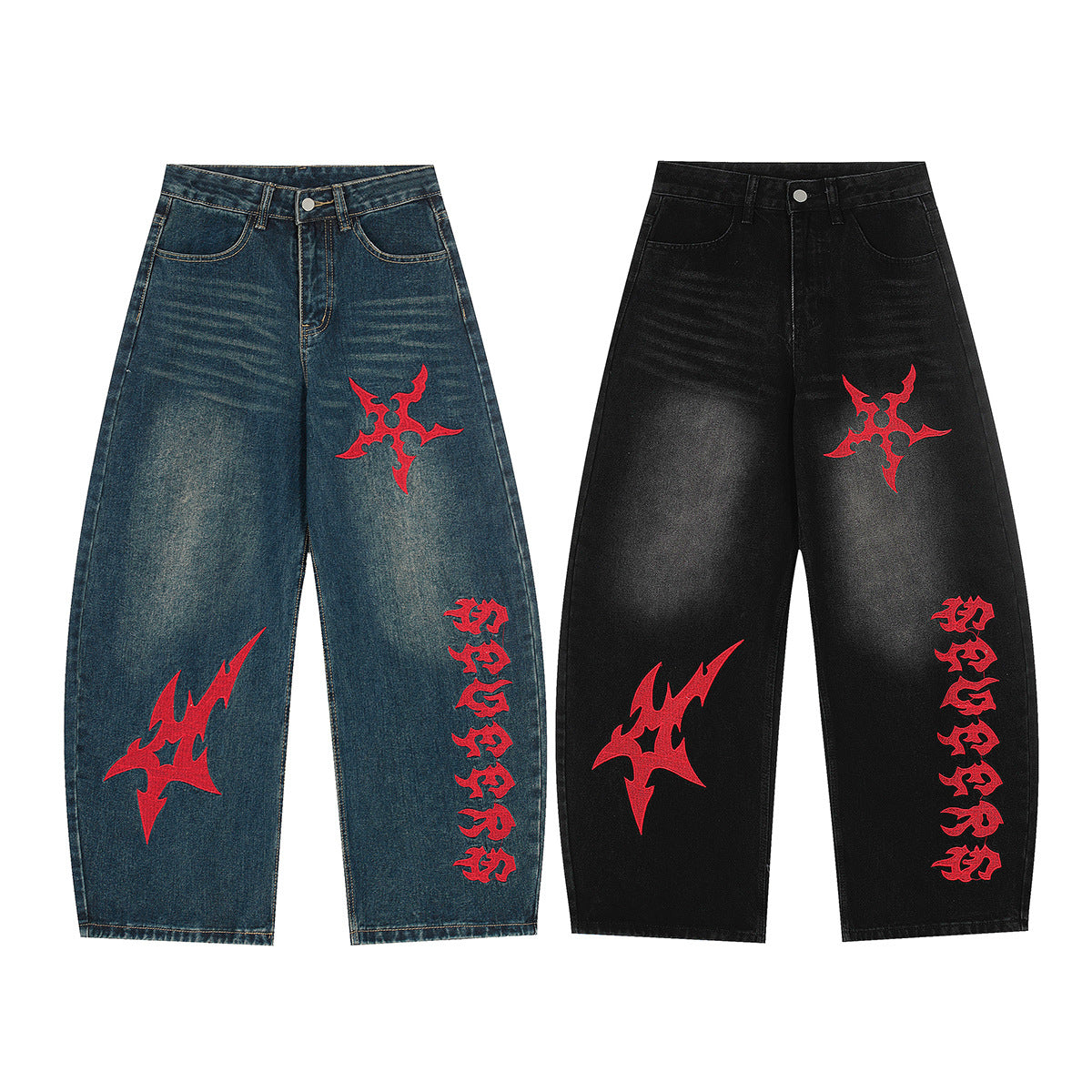 Washed Tribal Print Wide Leg Denim Jeans WN25507