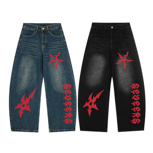 Washed Tribal Print Wide Leg Denim Jeans WN25507