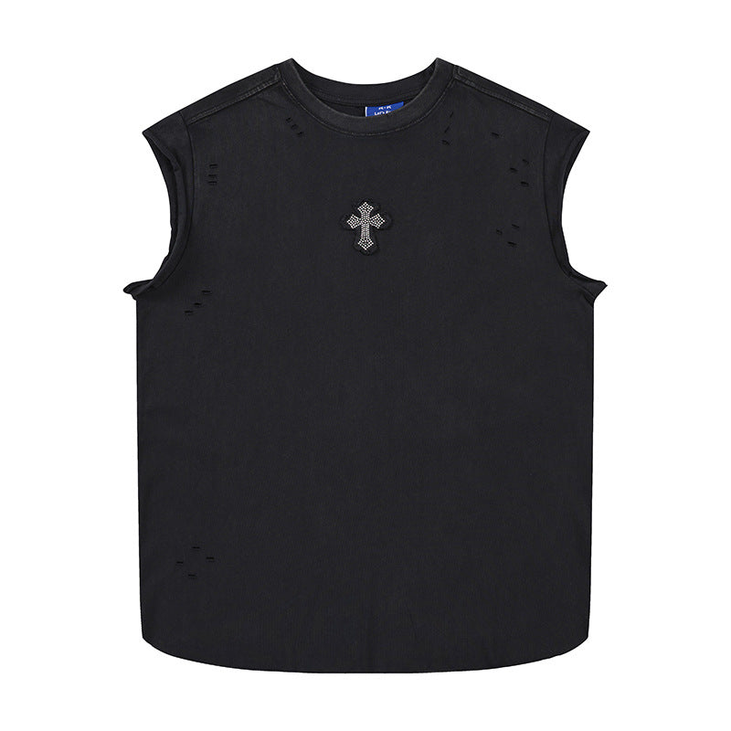 Cross Rhinestone Washed Damage Sleeveless T-Shirt WN25606