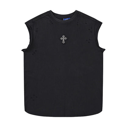 Cross Rhinestone Washed Damage Sleeveless T-Shirt WN25606