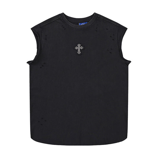 Cross Rhinestone Washed Damage Sleeveless T-Shirt WN25606