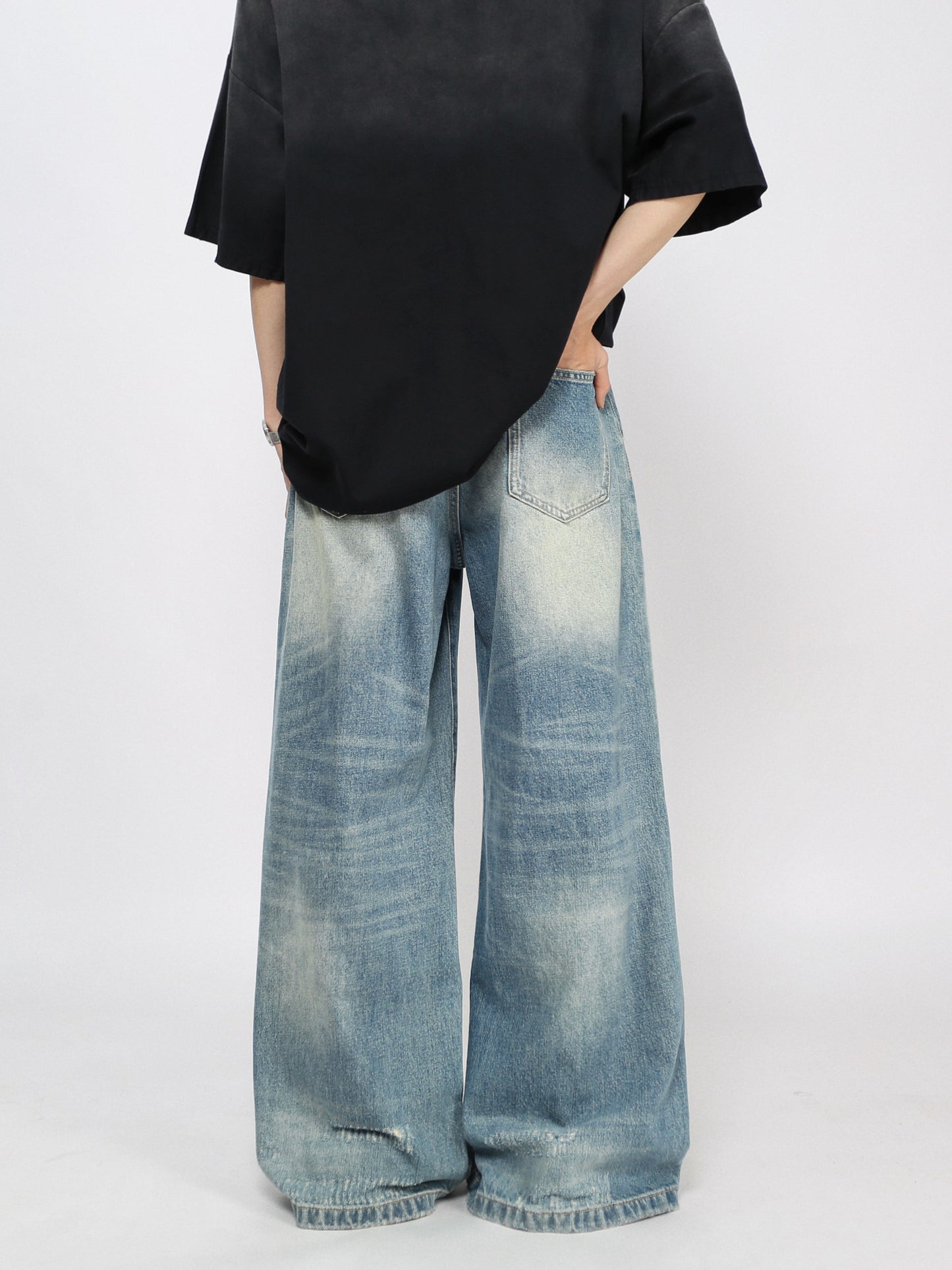 Washed Pleats Damage Wide Leg Denim Jeans WN24468
