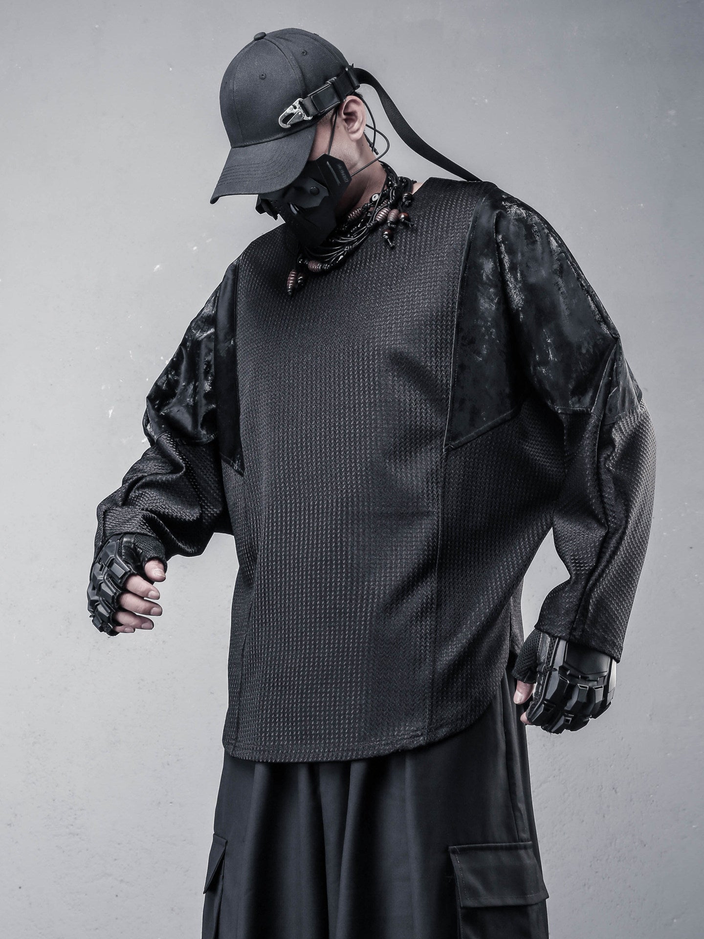 PU Leather Batwing Long Sleeve T-Shirt WN22558