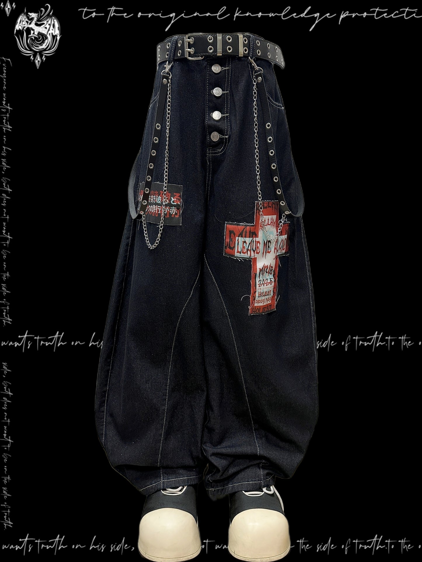 Graphic Patchwork Scimitar Wide Leg Denim Jeans & Belt & Chain & Scarf WN20132