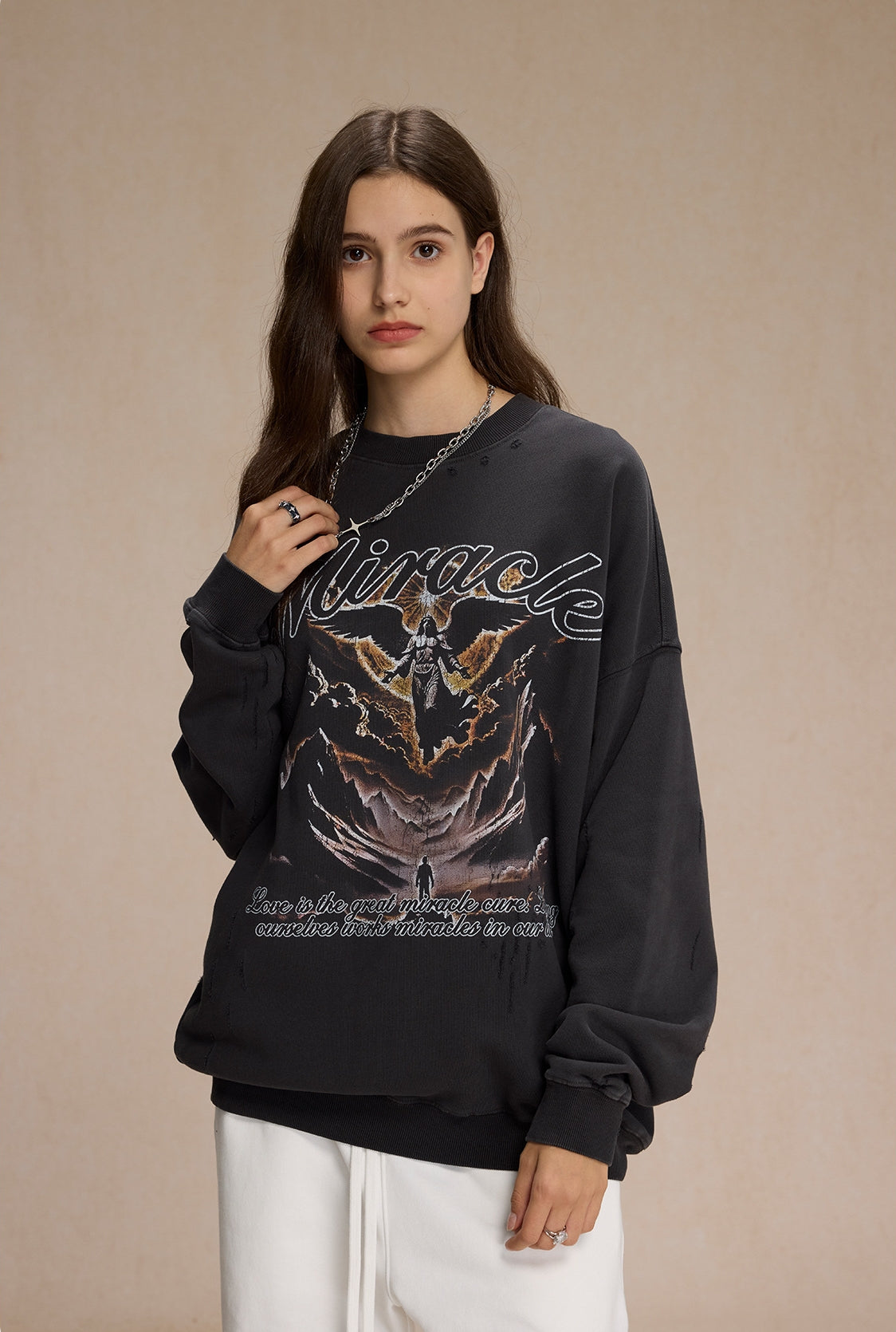 Washed Print Round Neck Sweatshirt WN9992