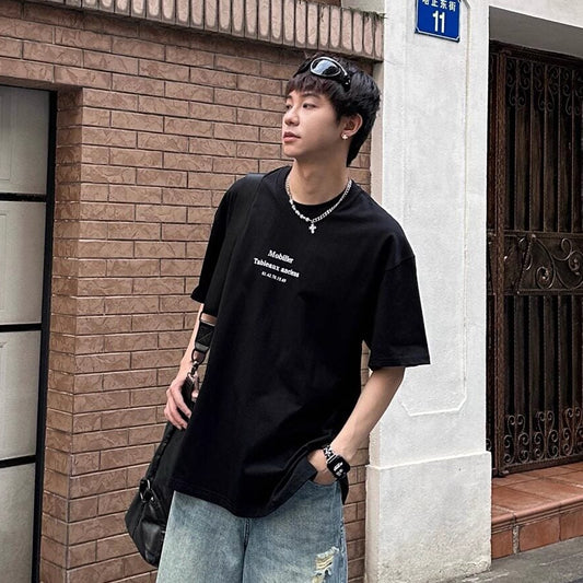 Small Neck Letter Print Oversize Short Sleeve T-Shirt WN25272