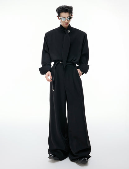 Ribbon Tie Shoulder-Pad Long Sleeve Shirt & Wide Leg Pants Setup WN20528