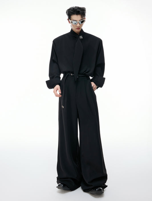 Ribbon Tie Shoulder-Pad Long Sleeve Shirt & Wide Leg Pants Setup WN20528