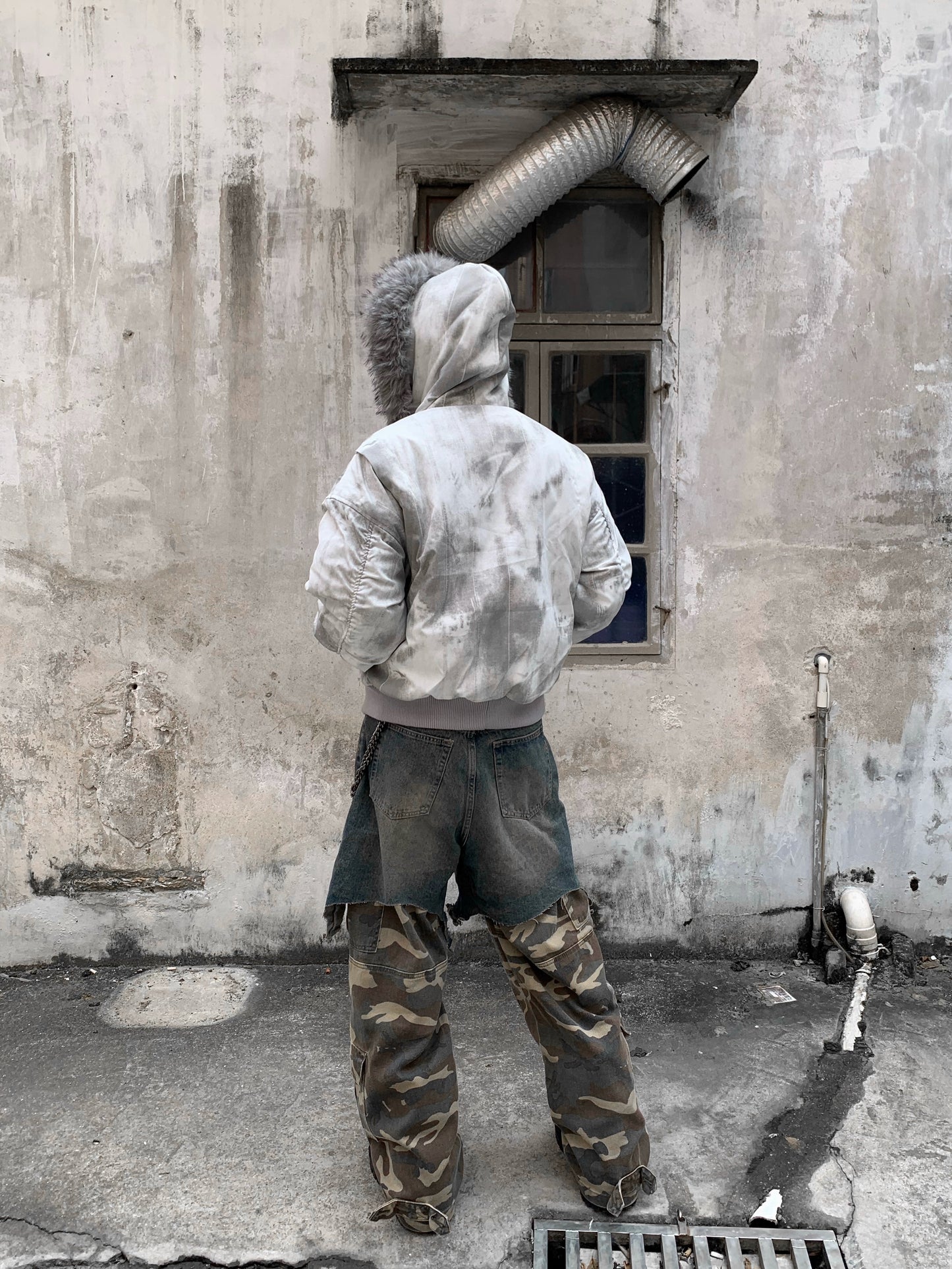 Tie-Dye Fake Fur-Collar Hooded Fleece-Lining Jacket WN22203