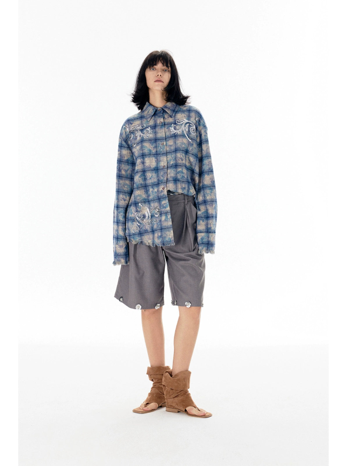 Pleated Design Floral Sequin and Bead Embellished Wide Leg Half Pants WN18873