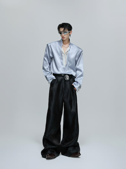 Fake Layered V-Neck Lace Satin Long Sleeve Shirt WN21712