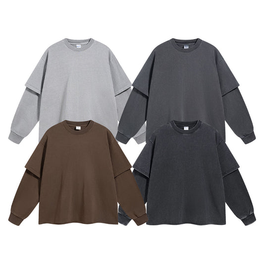 Washed Fake Layered Round Neck Long Sleeve T-Shirt WN7801