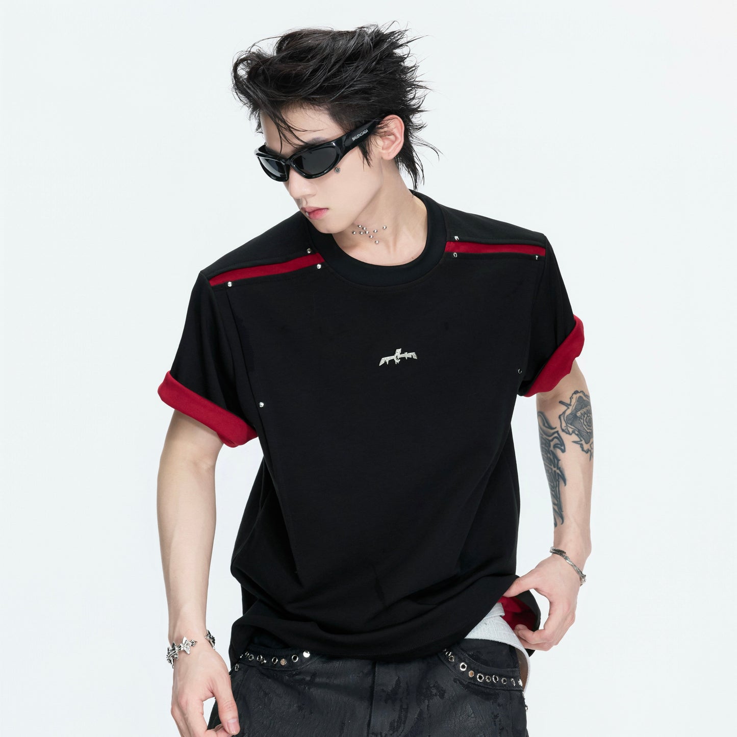 Contrast Panel Deconstructed Folded Sleeve Short Sleeve T-Shirt WN26995
