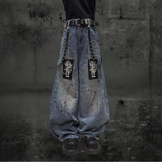 Paint Wash Damage Wide Leg Denim Jeans & Skull Belt & Belt Chain WN23803