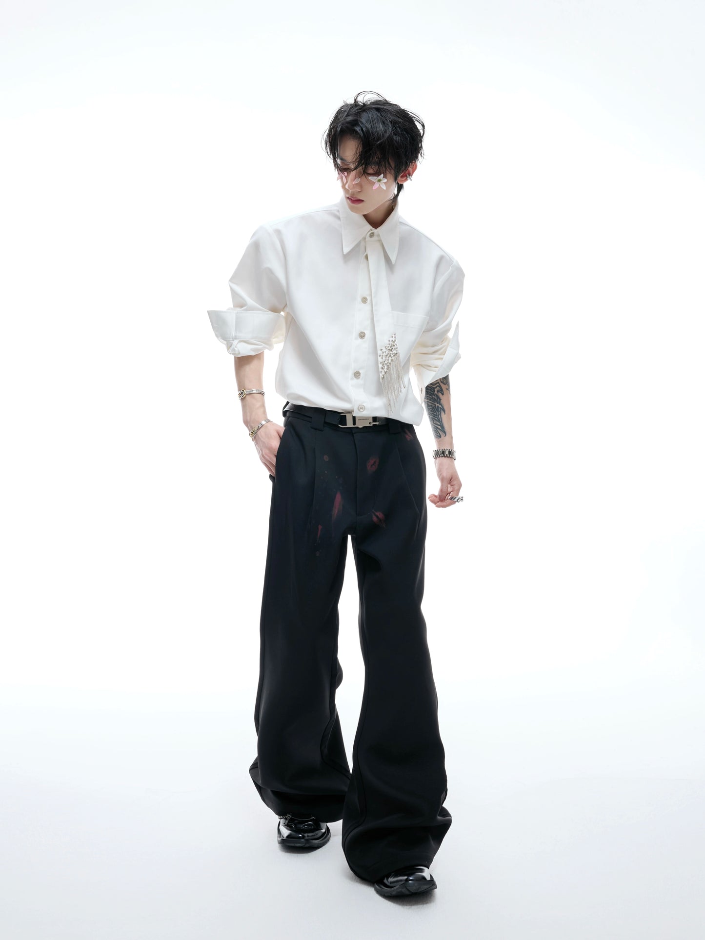 Plain Color Long Sleeve Shirt & Tie WN20536