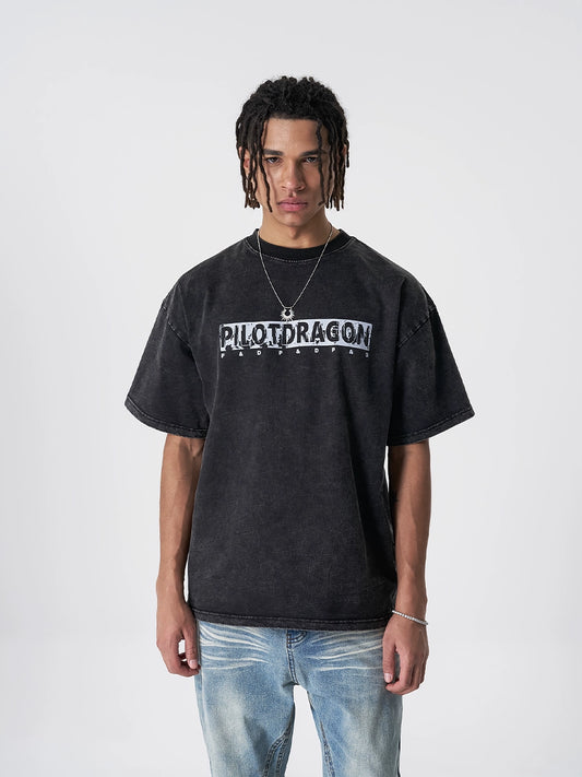 Washed Logo Letter Print Heavyweight Short Sleeve T-Shirt WN17528