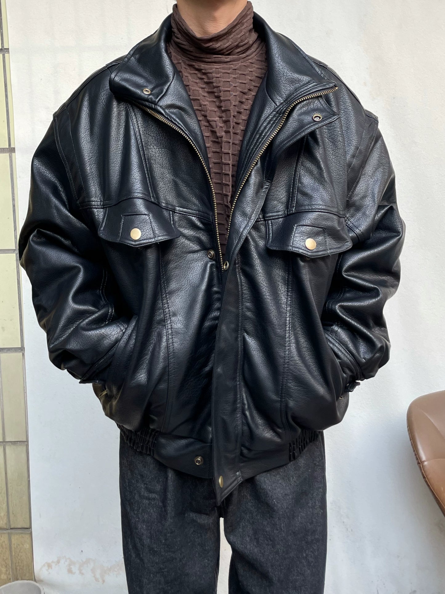 Stand Neck Oversize Thick PU Leather Short Jacket WN19991