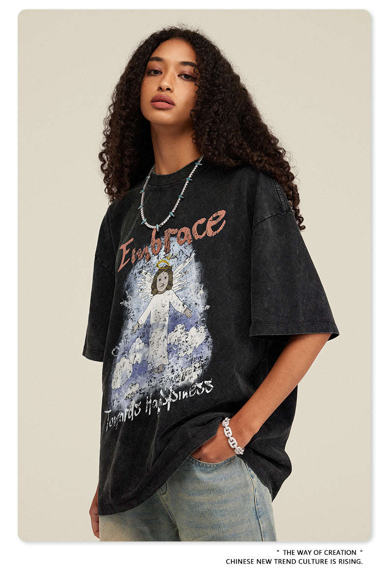 Oversize Angel Print Round Neck Short Sleeve T-Shirt WN7893