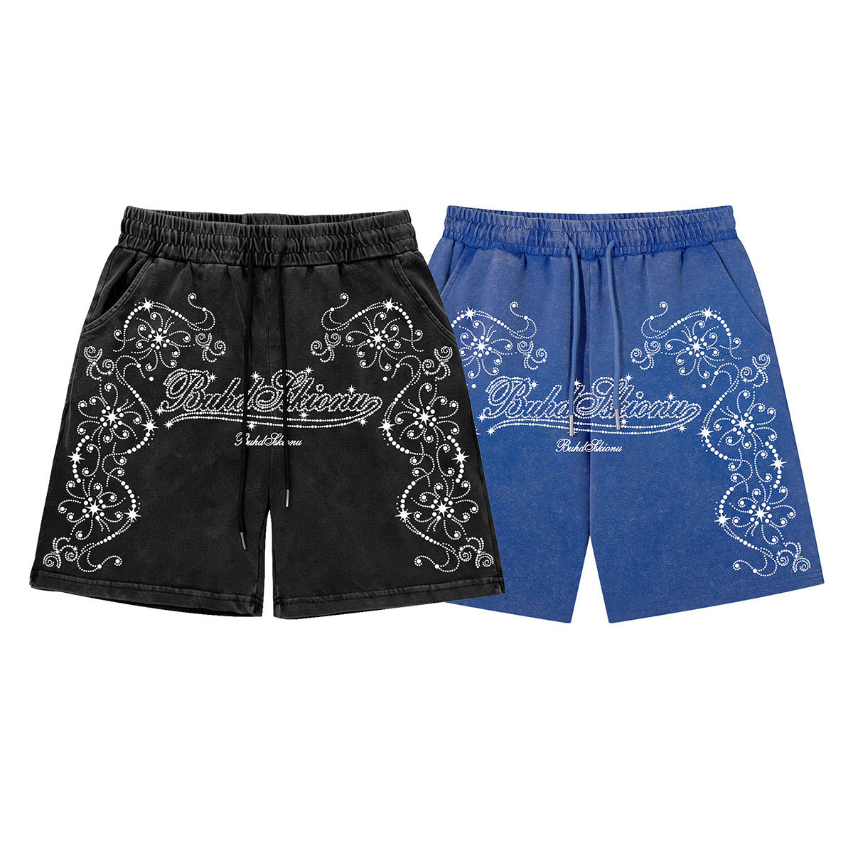 Washed Rhinestone Print Half Pants WN26942