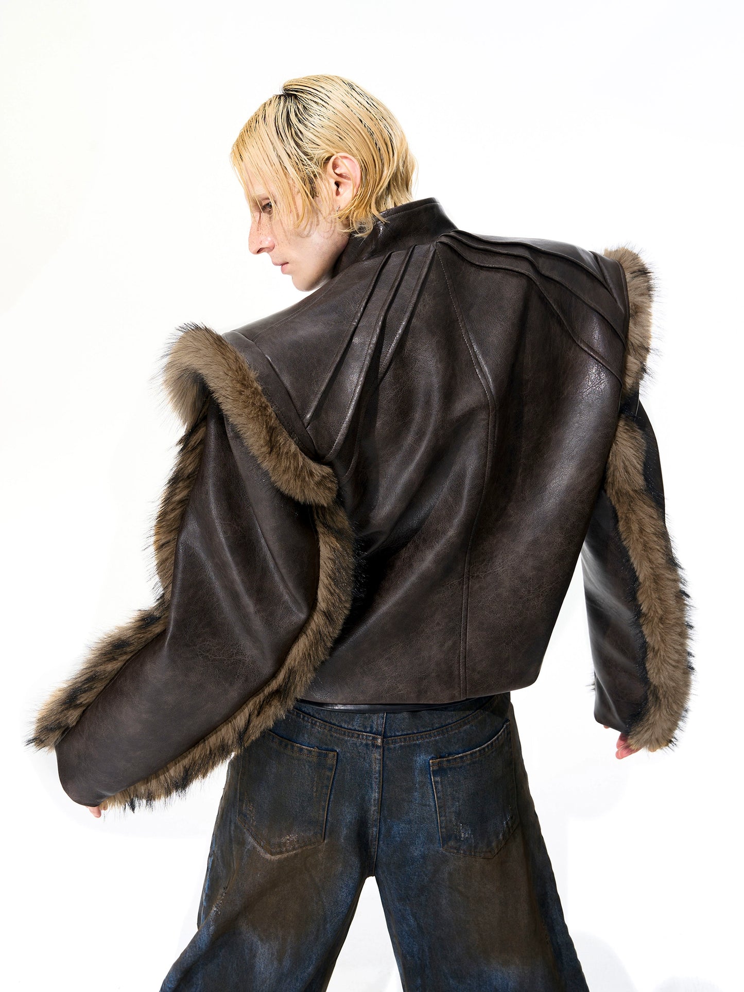 Washed Zipper Fake Fur Patchwork PU Leather Short Jacket WN21825