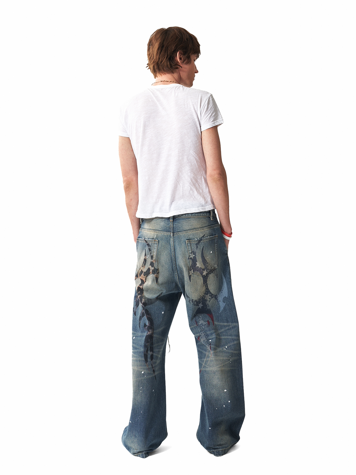 Wide Leg Damage Washed Denim Jeans WN27183