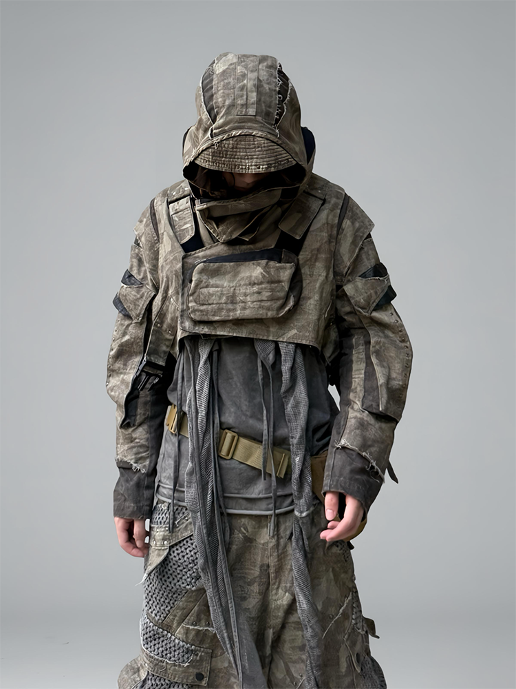 Deconstructed Camo PU Leather Rivet Short Jacket WN21988