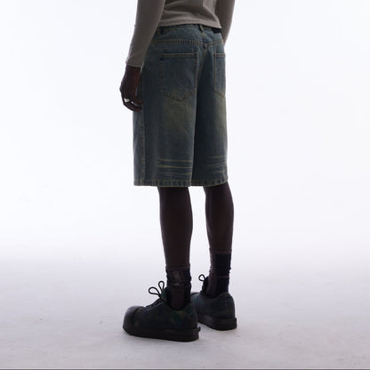 Washed Whisker Metal Buckle Denim Half Pants WN25513
