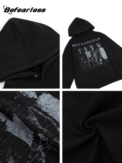 Washed Rock Band Print Boxy Pullover Hoodie WN26386