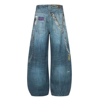 Washed 3D Print Curved Wide Leg Denim Jeans WN25920
