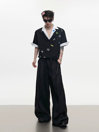 Sticker Print V-Neck Fake Layered Short Sleeve Polo T-Shirt WN18375