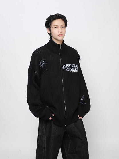 Damage Zipper High-Neck Oversize Knit Cardigan WN24422