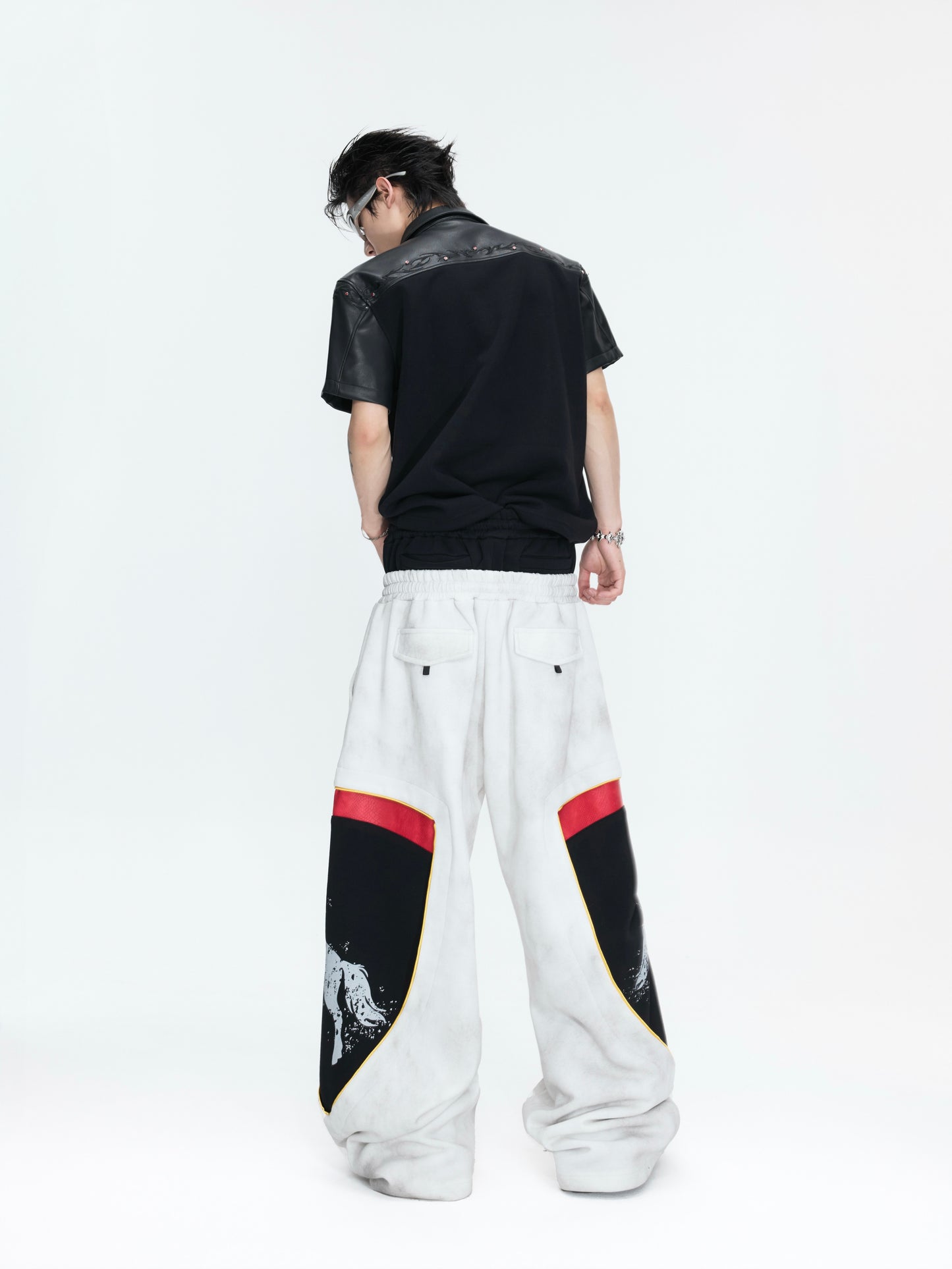 Racing Embroidery Fake Layered Double-Waist Wide Leg Sweatpants WN26985