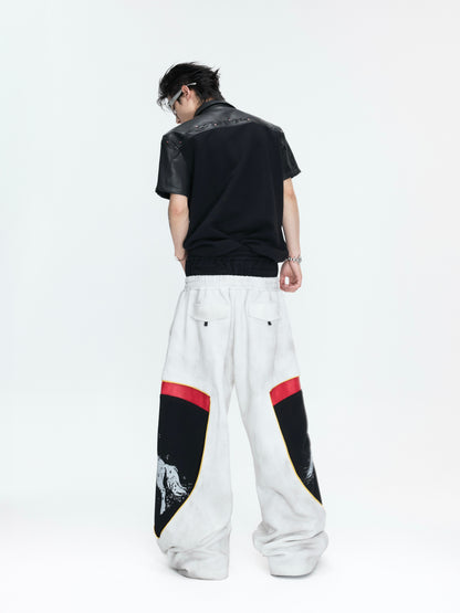 Racing Embroidery Fake Layered Double-Waist Wide Leg Sweatpants WN26985