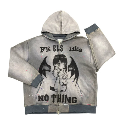 Anime Design Artistic Print Washed Zipper Hoodie WN18749