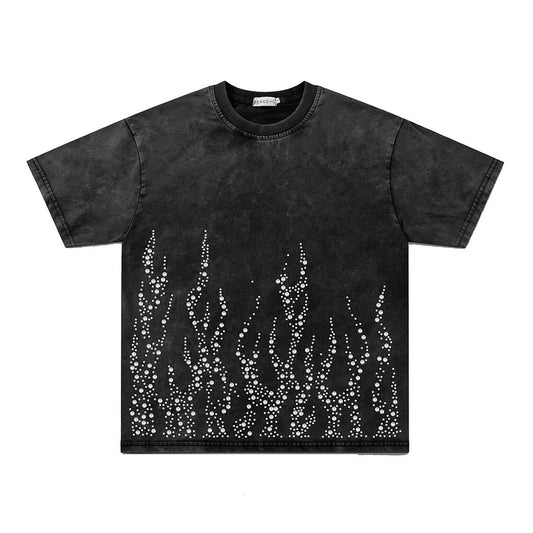 Washed Damage Rhinestone Flame Short Sleeve T-Shirt WN26922