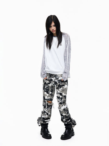Waffle Contrast-Tape Embroidery Raglan Long Sleeve T-Shirt WN27323