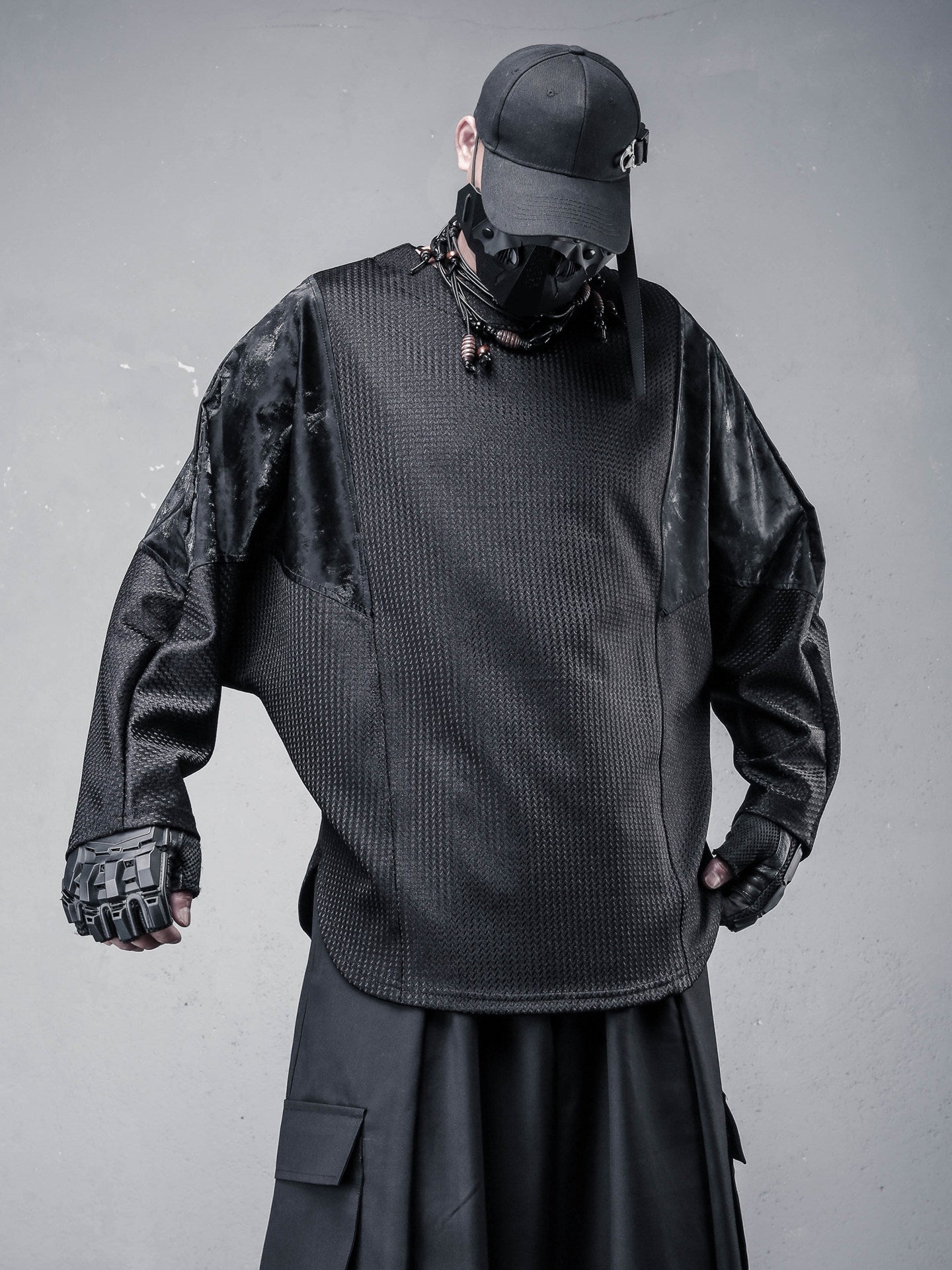 PU Leather Batwing Long Sleeve T-Shirt WN22558