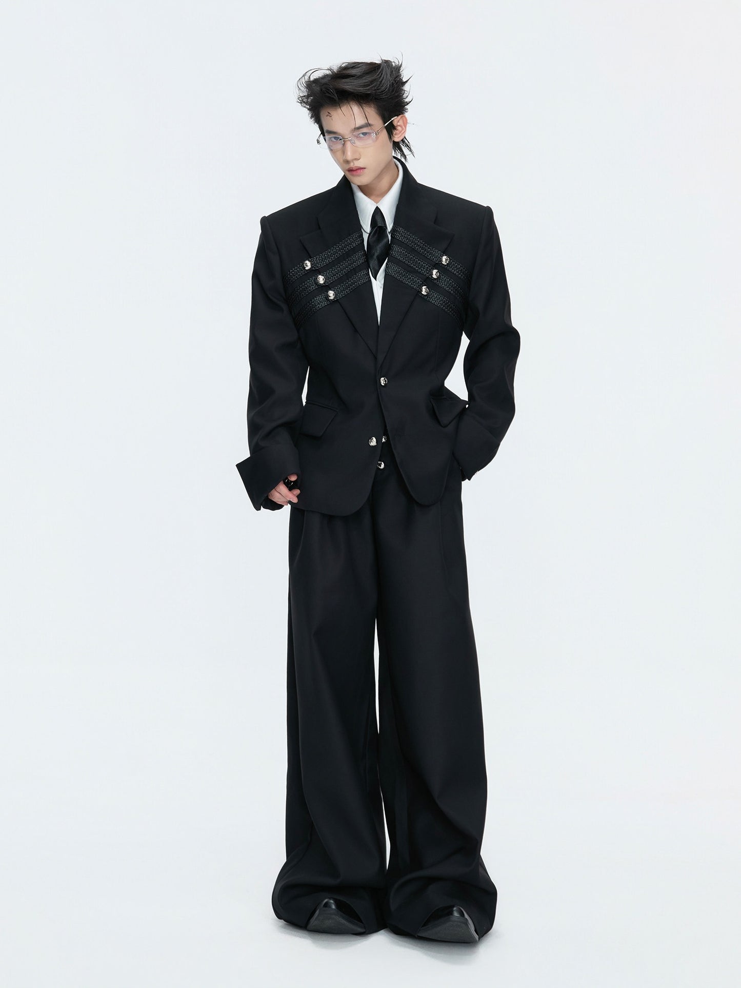 Braided Leather Double-Breasted Shoulder Pad Tailored Jacket & Wide Leg Trousers Setup WN26973