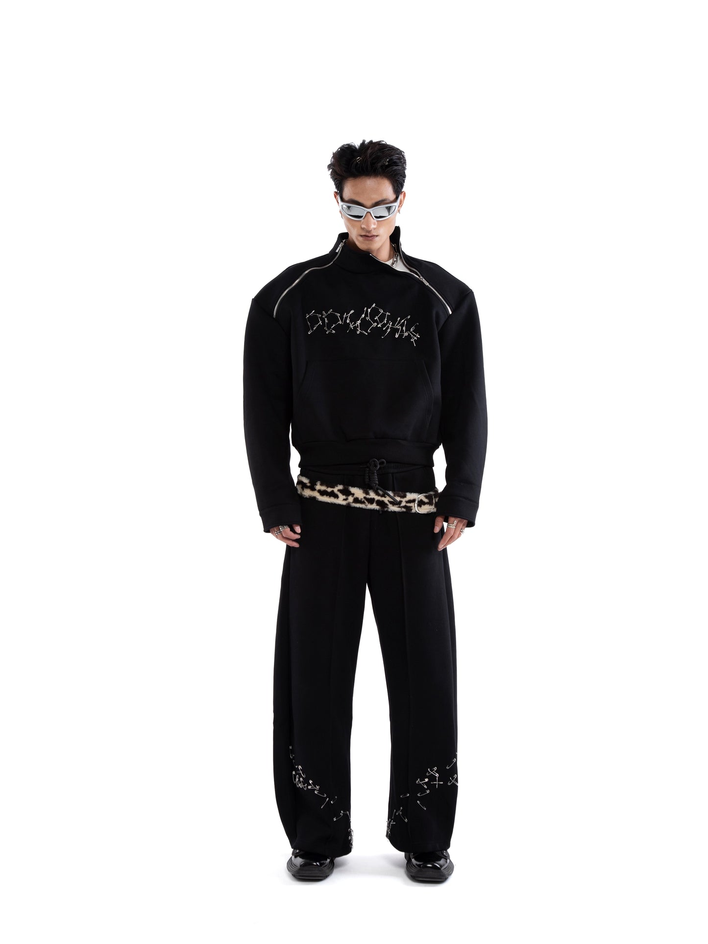 Pin Detail Stand Neck Zipper Sweatshirt &Wide Leg Pants Setup WN20649